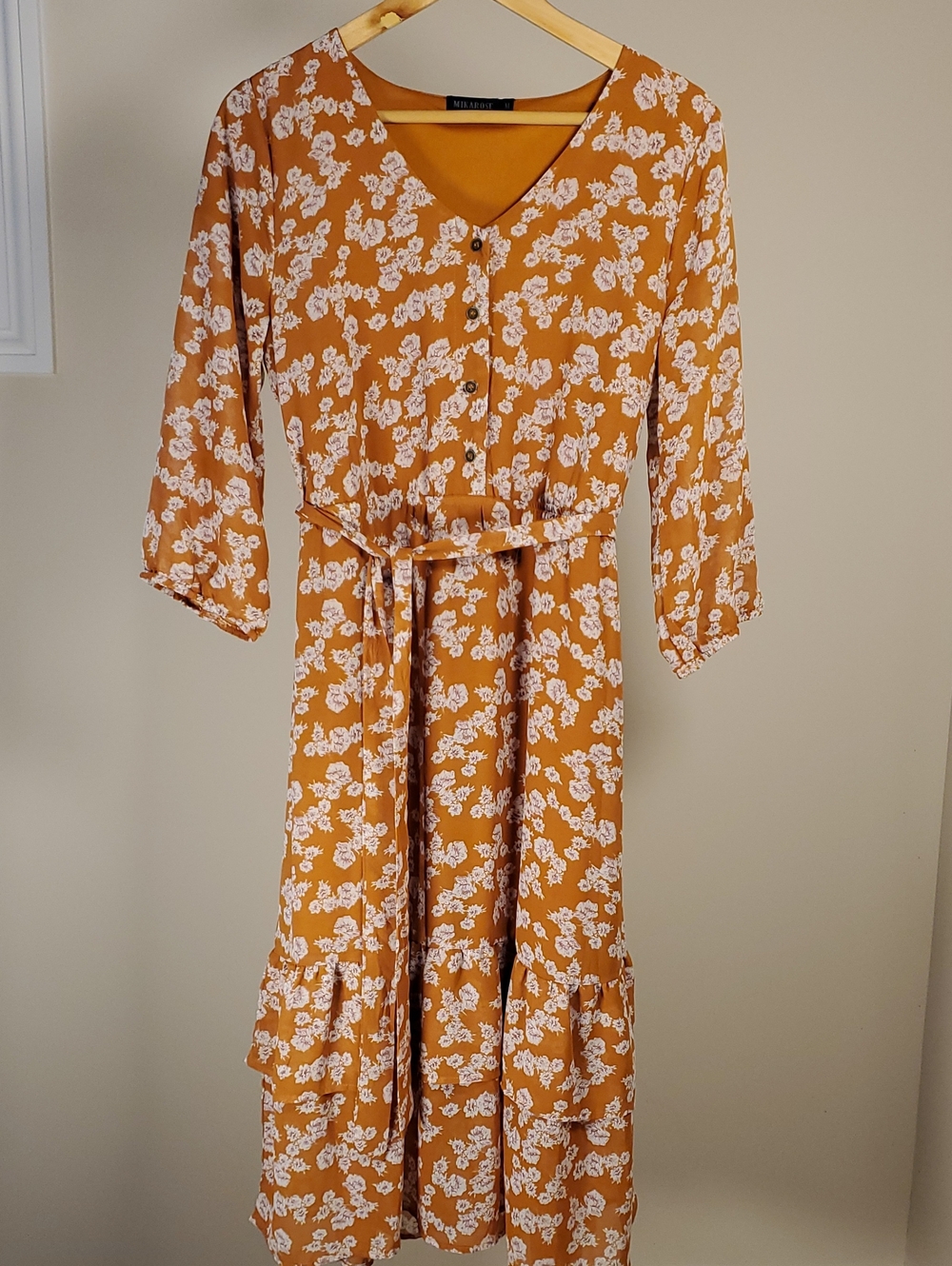 Mikarose Mustard Yellow Floral Button-Front Midi Dress